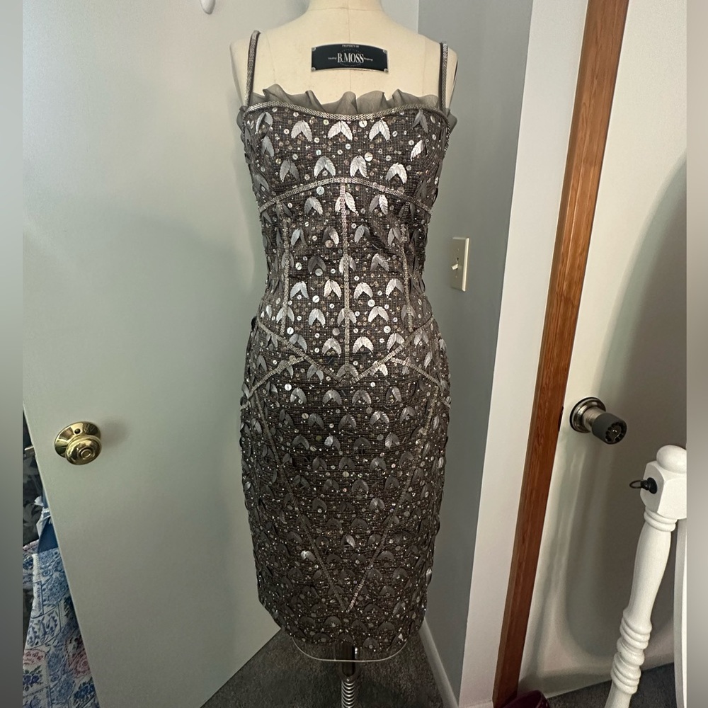 Vintage MANDALAY Gunmetal Beaded Corset Leaf Embellished Midi Dress S/M - Picture 7 of 16